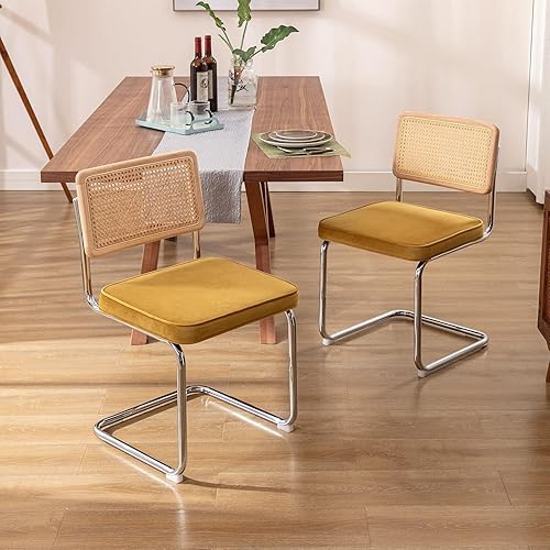 Miniatura 6 de Zesthouse Mid Century Modern Dining Chairs Set of 2, Velvet Accent Chairs with Natural Cane Back & Stainless Chrome Base, Famous Breuer Designed