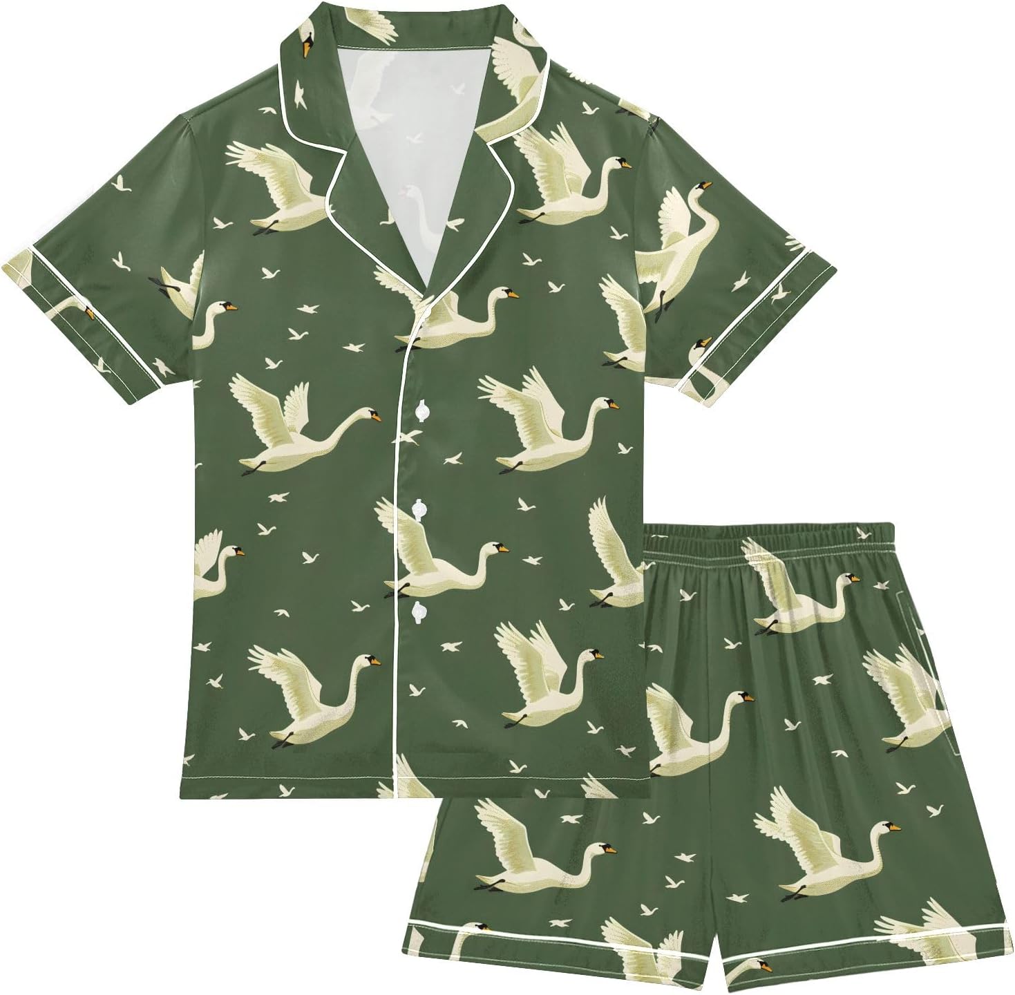 Kids Satin Wear Set Flying Swans on Green Pattern Relaxed Fit Clothing Short Sleeve and Shorts