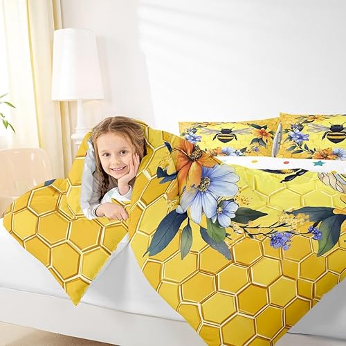 Miniatura 6 de Erosebridal Kawaii Bee - Juego de ropa de cama King con flores y flores, para niñas y niños, con relleno de edredón geométrico de panal de abeja