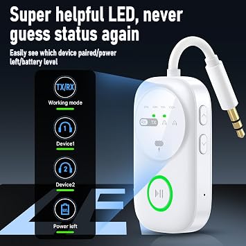Bluetooth Transmitter Receiver, 2-in-1 Wireless Bluetooth 5.4 Adapter, Dual Connection, Built-in Mic, 3.5mm Aux Audio Adapter with RCA Cable, for Airplane/TV/Car/PC/Gym/Home Stereo