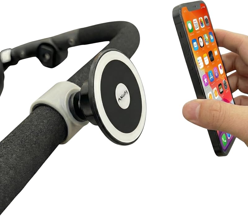 Maxby Stroller Phone Holder with MagSafe-Compatible Mount and Snap-On Clamp | Snap-on clamp installs in seconds; fast magnetic attachment and 360° adjustment keep your phone easy to view and remove.