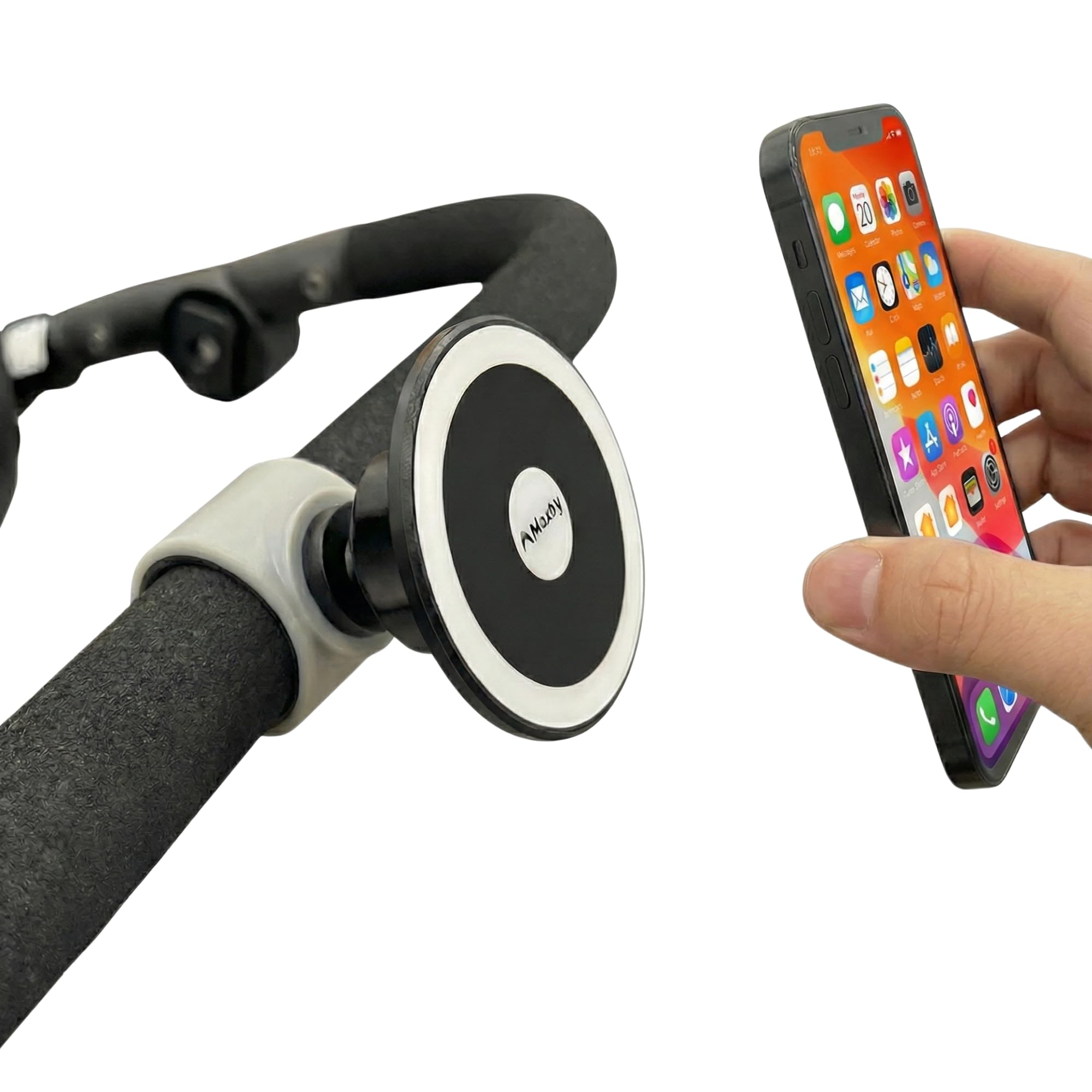 Soporte magnético para iPhone para manillares. Compatible con MagSafe. Ideal para carriola, Bicicleta estacionaria, Carrito de Compras, Carrito de Empuje.