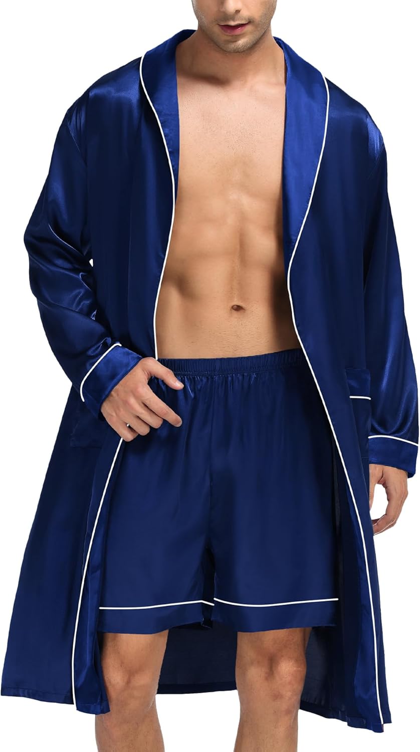 SWOMOG Men's Satin Robe Silky Kimono Bathrobe with Shorts Set Lightweight Soft Loungewear Nightwear