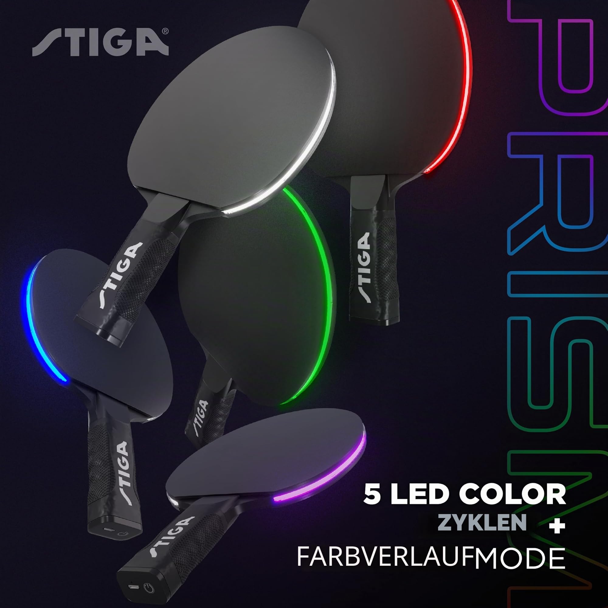 STIGA Prism LED-Ping-Pong-Paddel – 5 LED-Farbzyklen – Rot, Blau, Grün, Lila und Weiß – Farbverlaufsmodus – inklusive 3 im Dunkeln leuchtenden Bällen – 1,5 mm Schwamm mit glatten Pips – Silikongriff