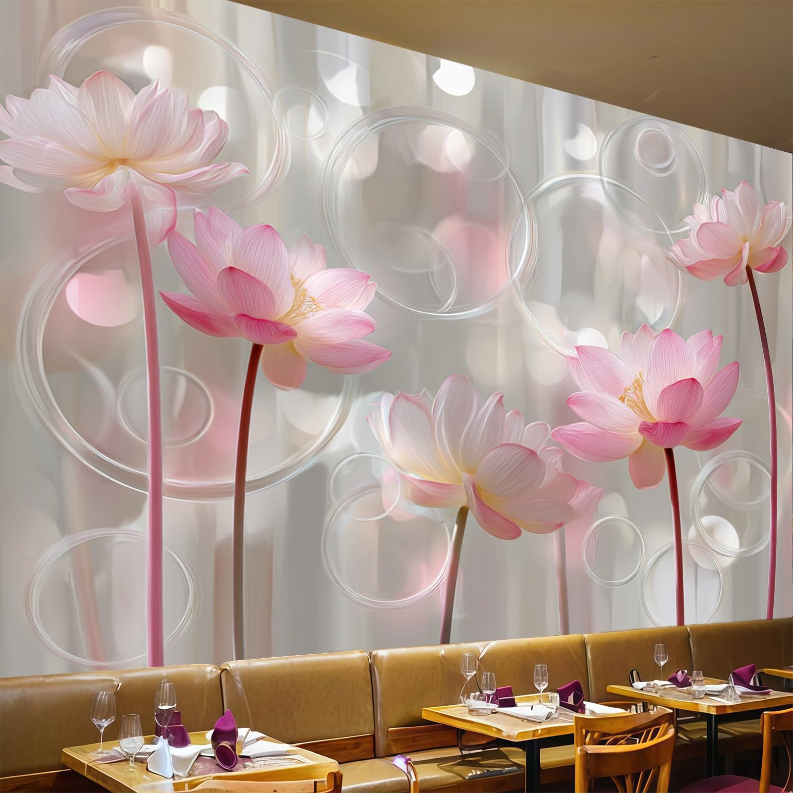 Papier peint lotus aquarelle panoramique 3D pour masquer un mur terne et agrandir le salon