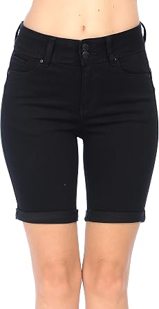 WAX JEAN Womens Juniors Butt I Love You High Rise Push-Up 2 Button Bermuda Denim Shorts