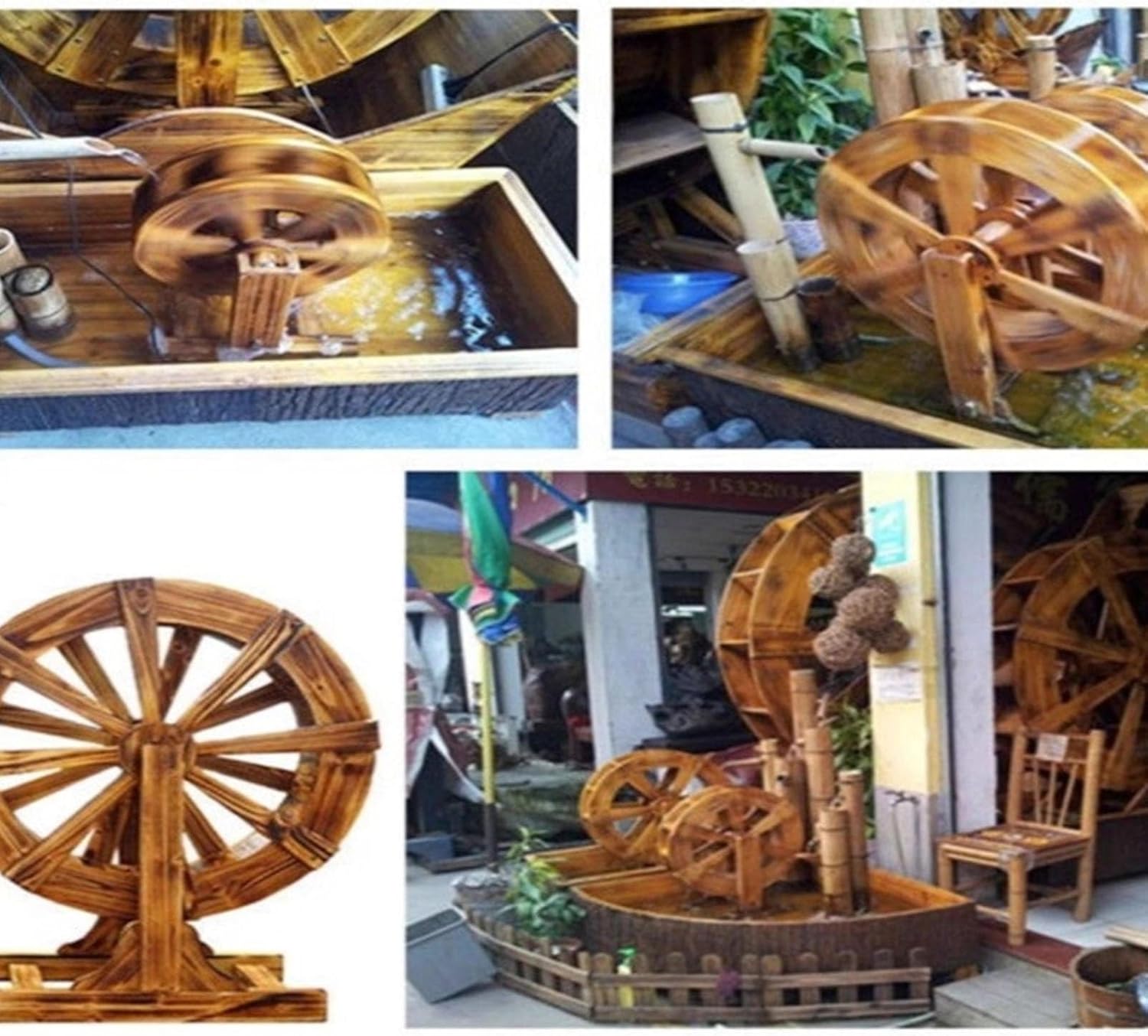 Wooden Self-Rotating Water Wheel, Pool Fountain, with Stand, Small Outdoor Water Fountain, Garden Decoration Water Feature for Garden, Backyard(60cm(23.6in))