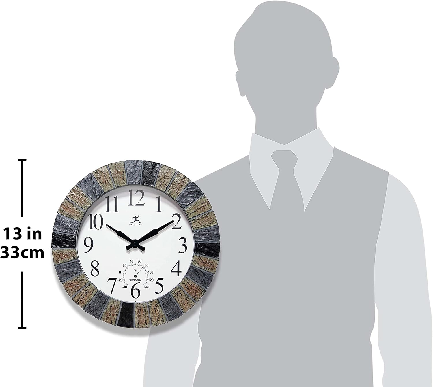 Infinity Instruments 13 inch Outdoor Wall Clock Faux Slate with Built-in Thermometer Combo Waterproof Large Outdoor Clock for Patios Weatherproof Battery Operated Quartz Movement