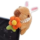 TECHPLUS Car Interior Decoration Capybara Plush Doll - Car Charm Ornament for Dashboard, Wiper Shift Handle,Steering Wheel, Doors and More (Orange Flower)