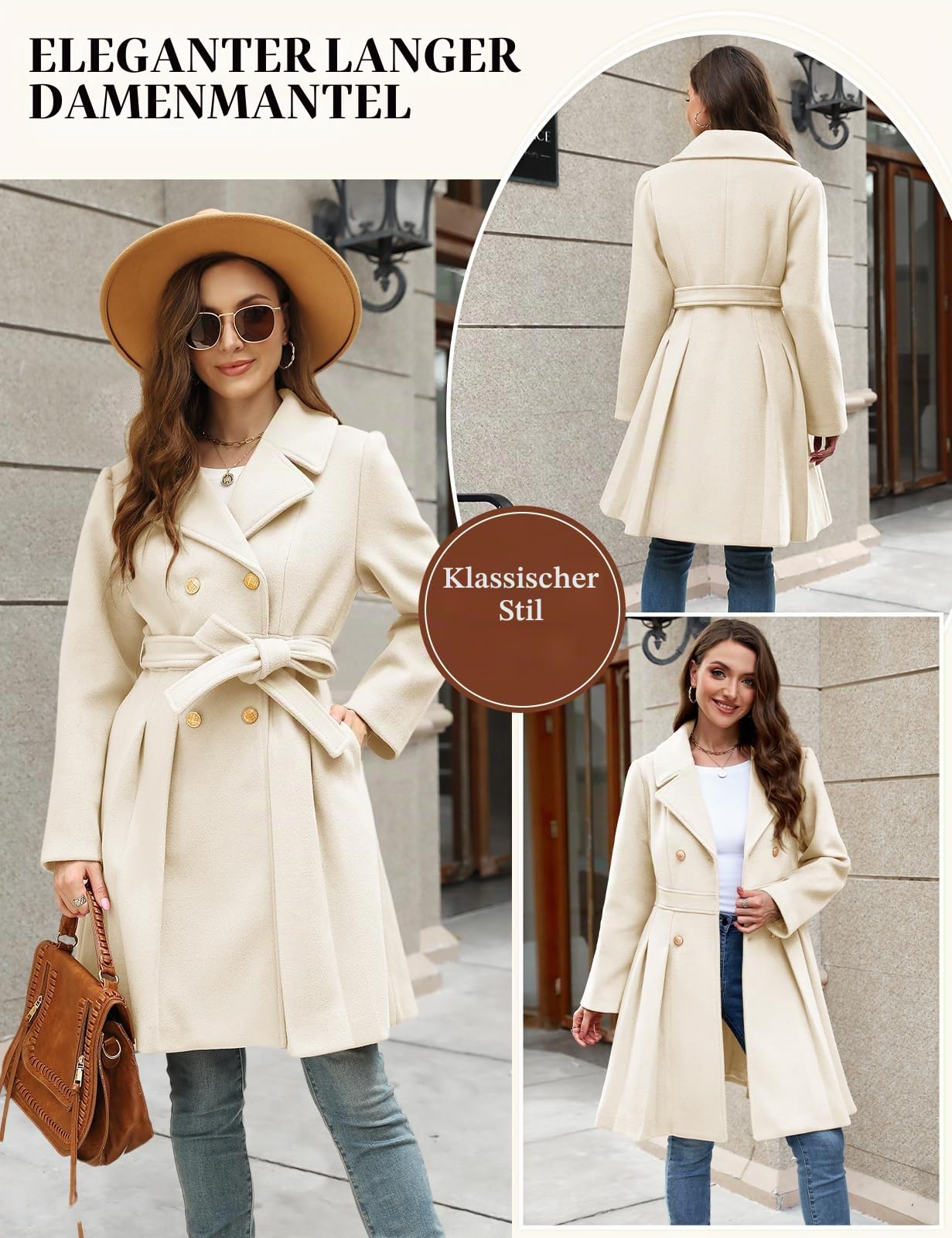 Wollmantel Damen Winter Mantel Revers Zweireihiger Wintercoat A-linie Winterjacke Knielang Trenchcoat Elegant Wintermantel Lang Jacke Outwear