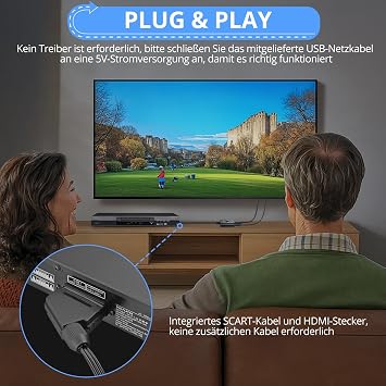 CAMWAY Scart to HDMI Converter 16:9/4:3 Conversion 1080P Scart to HDMI Adapter Video Audio with 150 cm Male Cable Plug and Play SCART Adapter Supports PAL/NTSC for HDTV/DVD/VHS/VCR