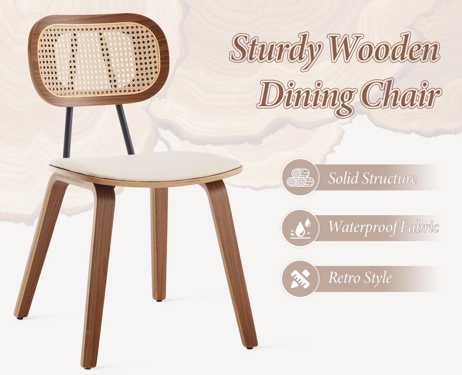 chairus Lot de 2 Chaises de Salle à Manger avec Pieds Bois Chaise Rembourrée en Cuir PU pour Salon Chaises de Cuisine avec Dossier Rotin, Beige