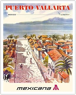 Puerto Vallarta Mexico - Mexicana Airlines (CMA-Compañía Mexicana de Aviación) - Vintage Airline Travel Poster by Ignacio Barrios c.1969 - Fine Art Matte Paper Print (Unframed) 16x20in