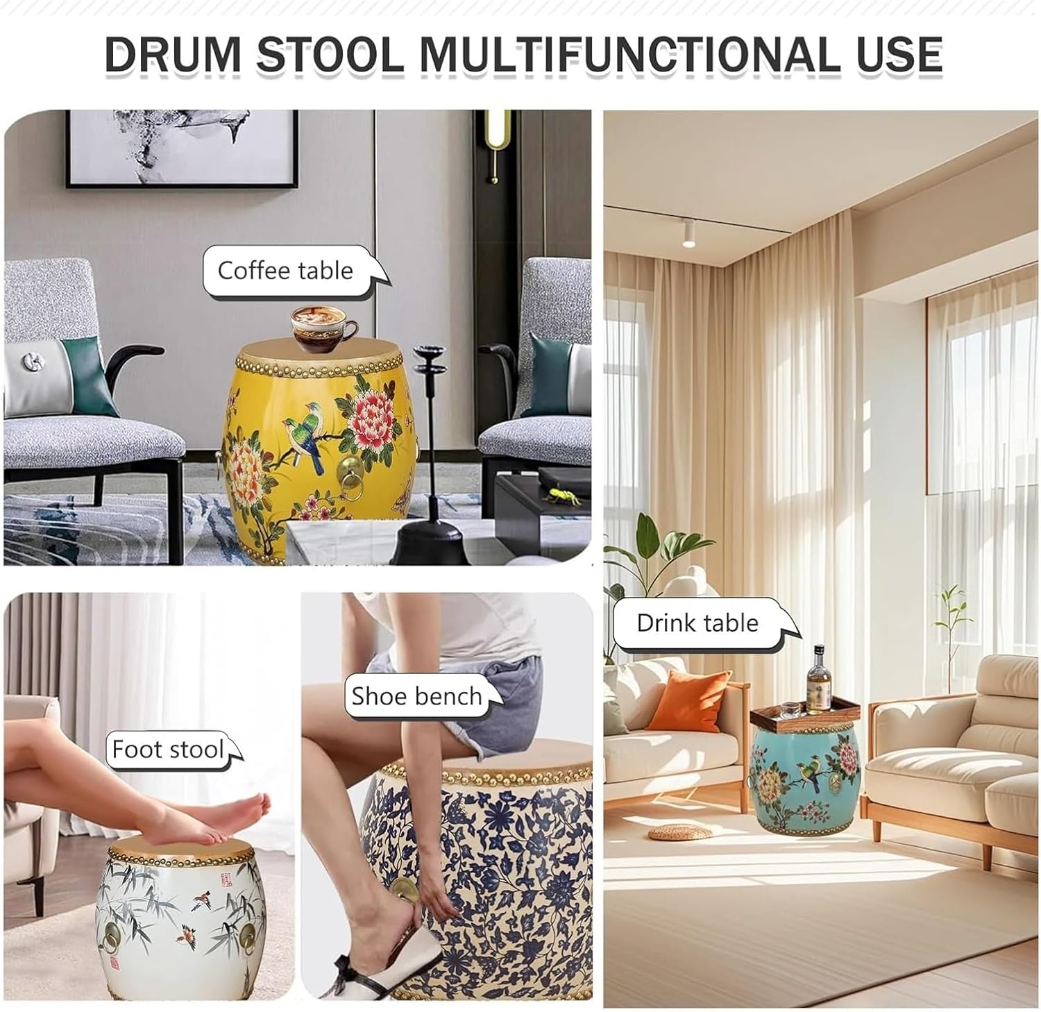 Garden Stool，Hollow Out Drum Stool， Indoor/Outdoor Side Table Plant Stand Chinoiserie Decorative Classical Footstool for Living Room Bedroom Patio(Blue Magpie)