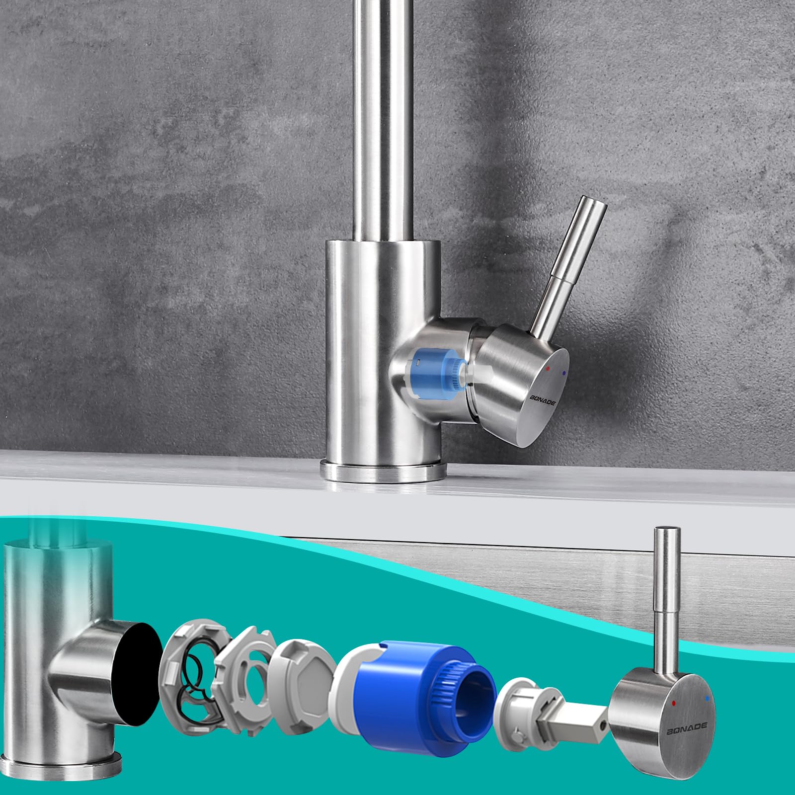BONADE Grifo mezclador de acero inoxidable SUS304 de alta presión, giratorio 360°, grifo monomando apto para fregadero de cocina, cepillado