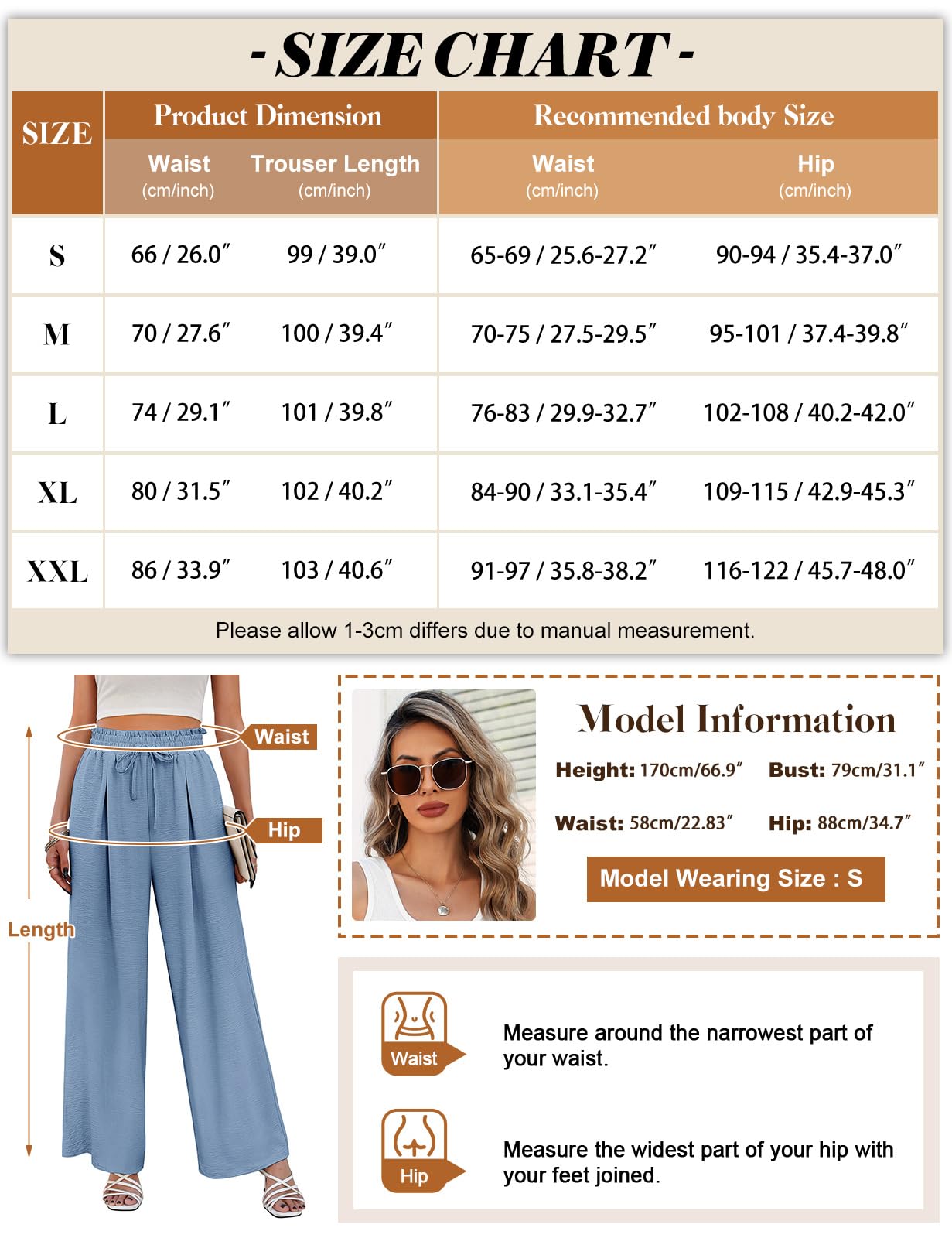 CMTOP Pantalon Femme Été Fluide à Jambes Larges Taille Haute Elastique avec Cordon de Serrage, Léger et Elegant de Plage Décontracté avec Poches