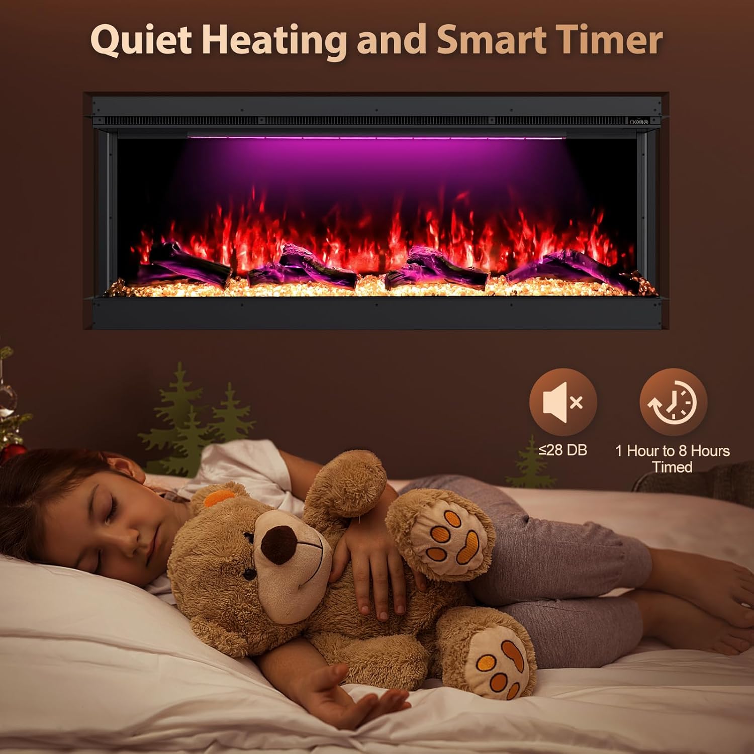 Quiet heating and smart timer features of the electric fireplace