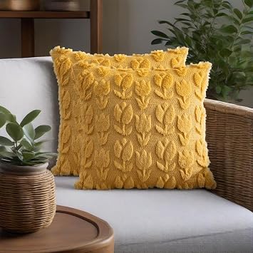Set of 2 Faux Fur Tulip Flower Throw Pillow Covers 18x18 Inch Boho Jacquard Holiday Plush Spring Throw Cushion Covers for Sofa Bed Living Room Home Decor Yellow