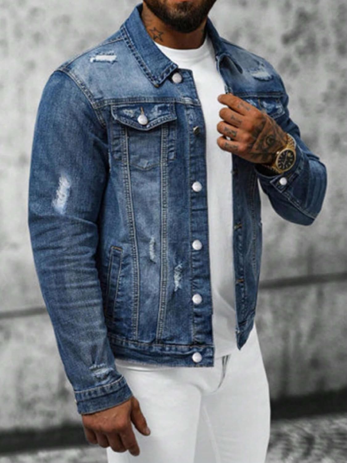 Huang's Men's Denim Jacket with Distressed Ripped Details Classic Fit Non - Stretch Fabric Cool Stylish Caual Coat - Image 2