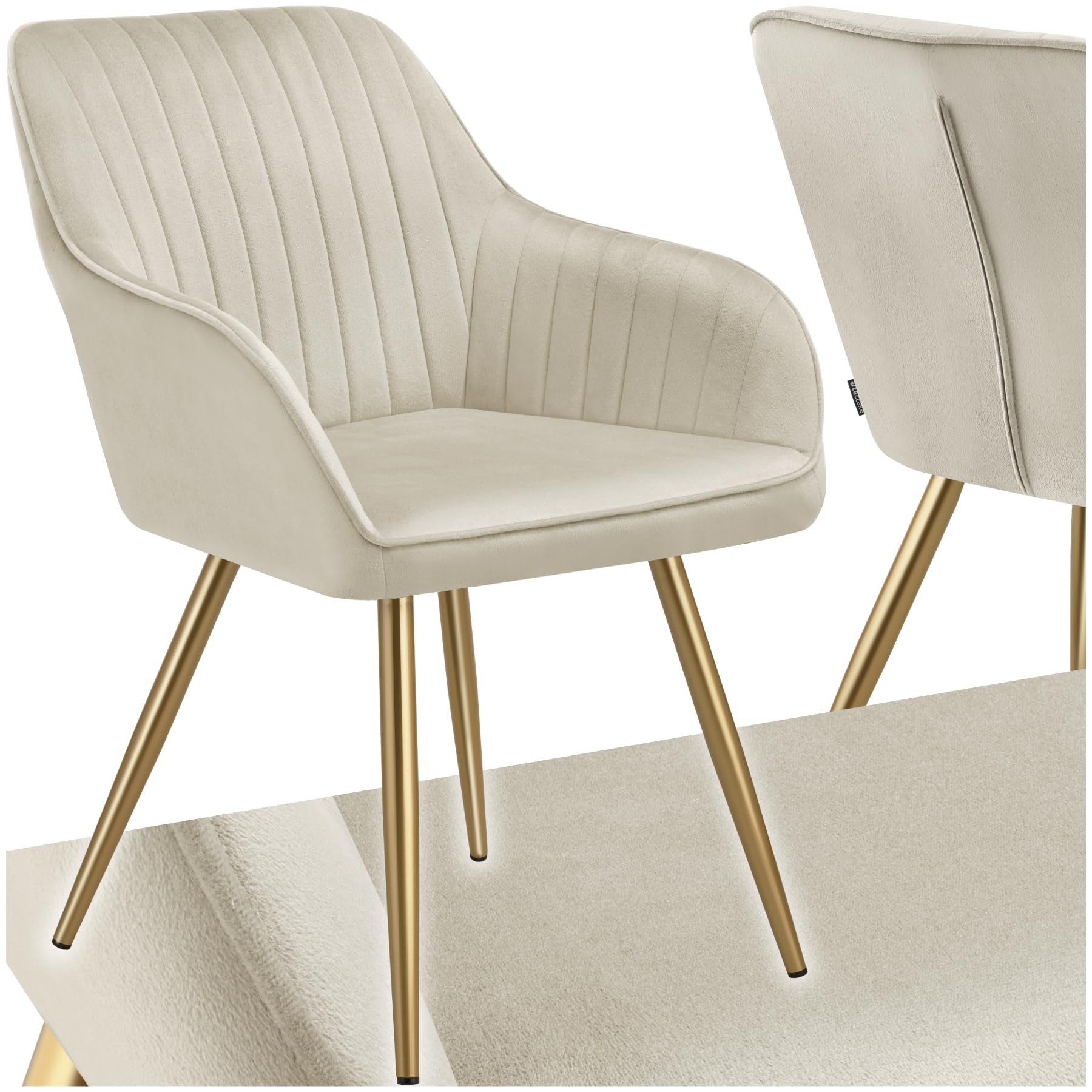 tectake® Silla de Comedor con Tapizado Aterciopelado Acolchado, Silla de Cocina Elegante y Moderna, Patas de Acero, Fácil Limpieza, Ideal Silla Salón, Tocador, Dormitorio - 1 Silla Crema/Oro