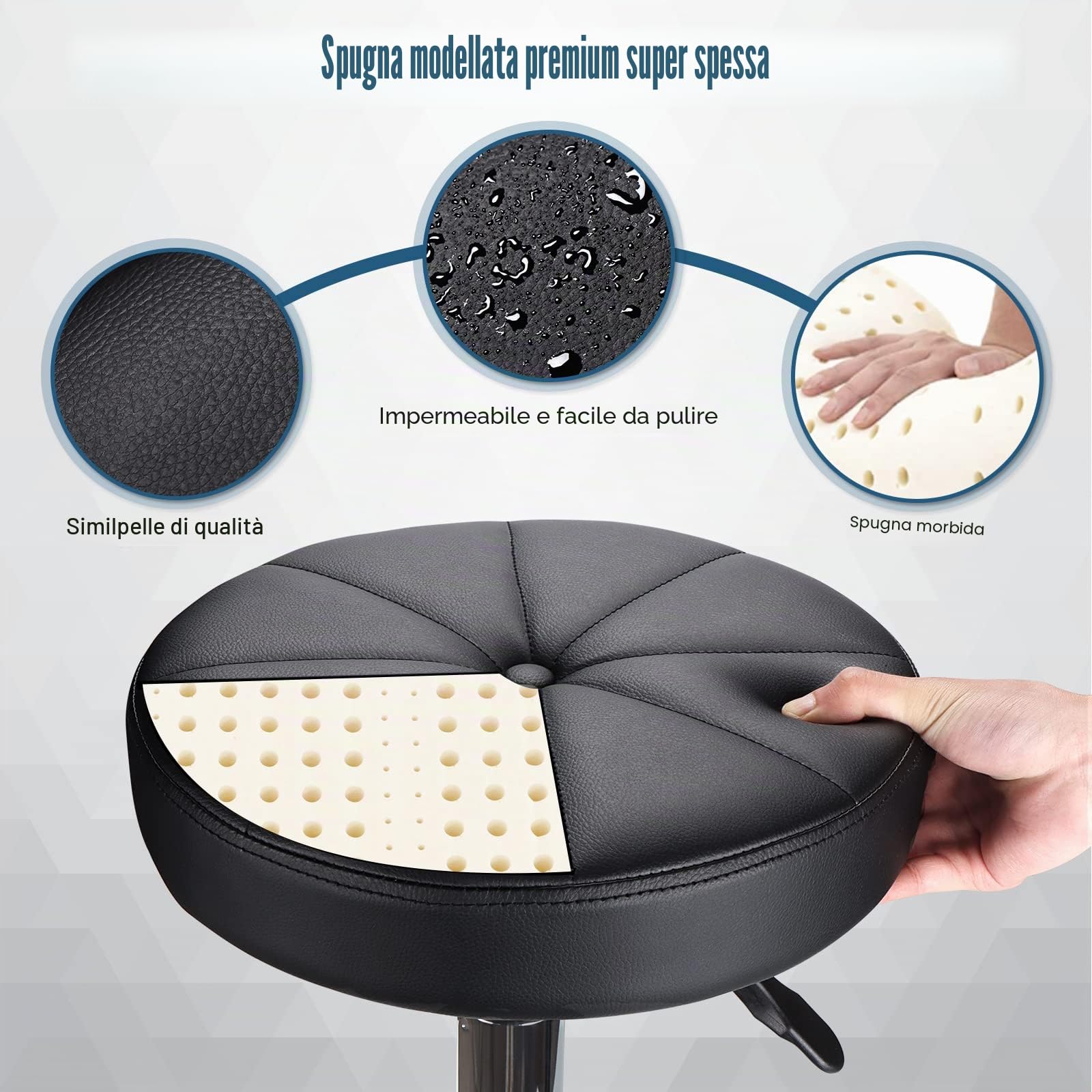 HMTOT Sgabello girevole con ruote Rotondo Sgabelli in Pelle PU Regolabile Altezza Nero