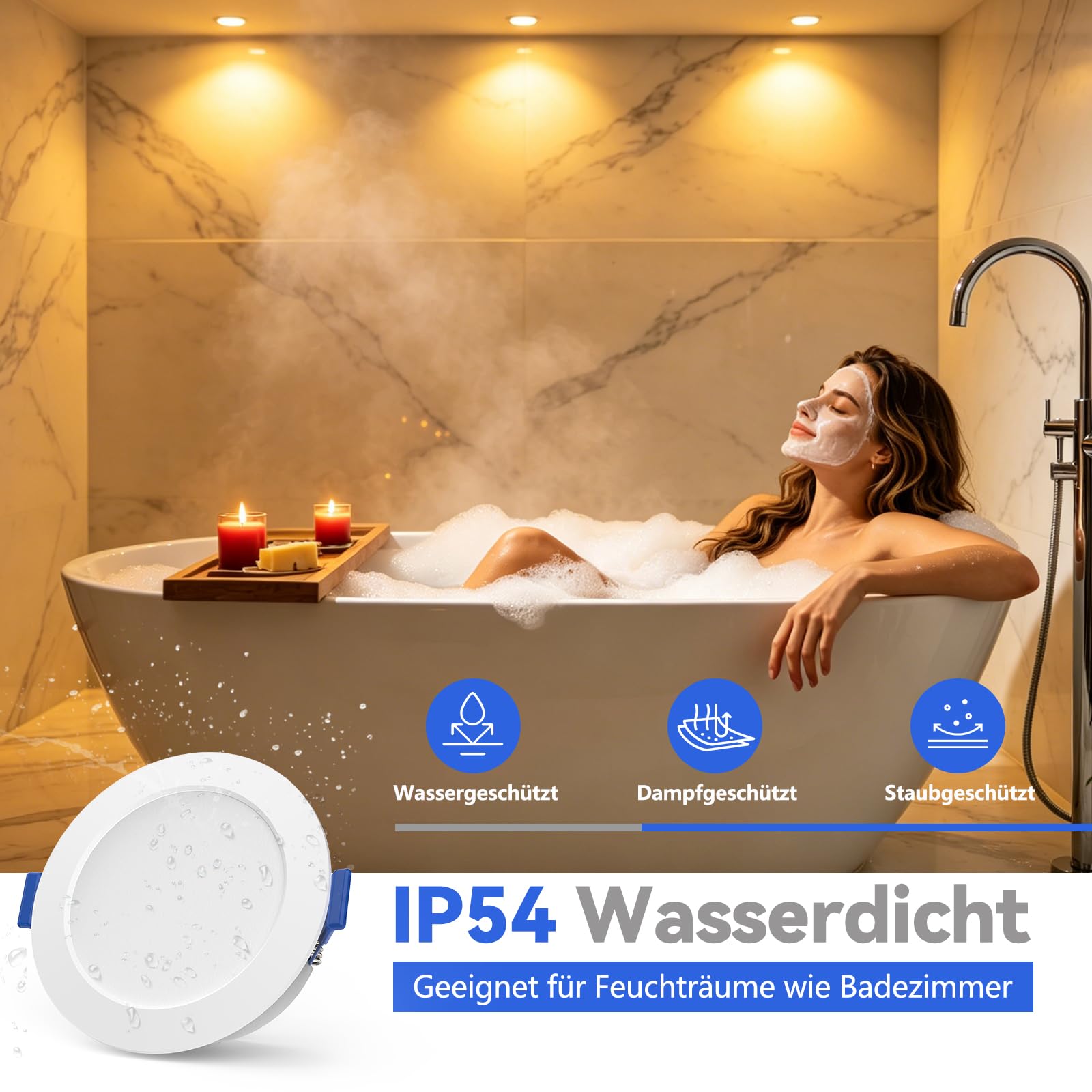JESLED LED Einbaustrahler 230V Dimmbar, 5W 400LM LED Spot 68mm - 78mm Lochmaß, IP54 Einbauleuchten Für Badezimmer Küche Wohnzimmer, 3000K/4000K/6500K Einbauspots, Rund Weiss 6er Set