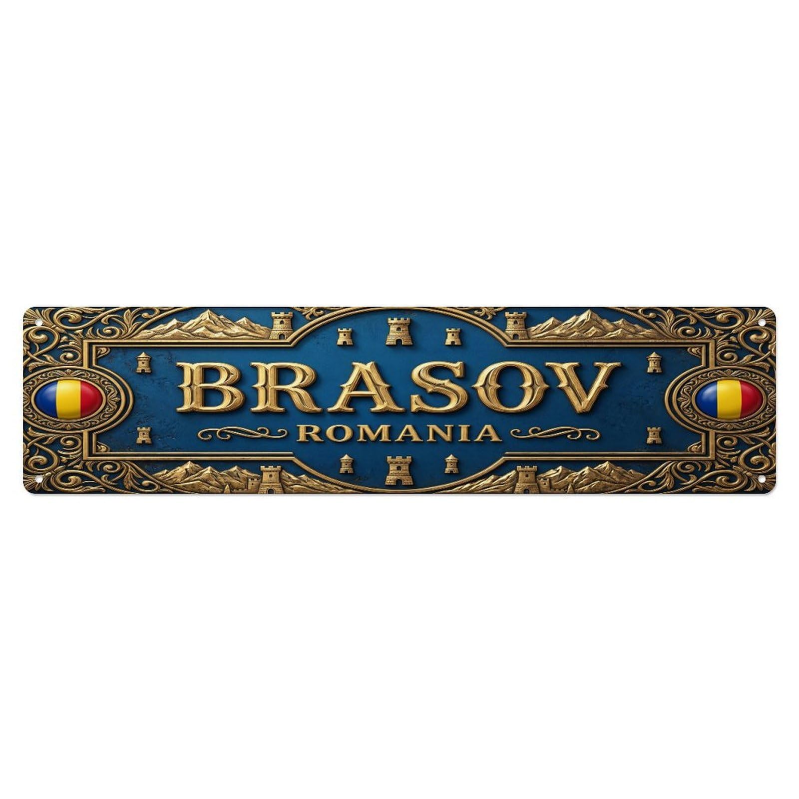 Vintage Brasov Romania Flag Pattern Metal Tin Sign