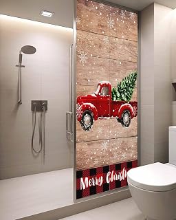Red Truck Christmas Window Privacy Film Decorative Stained Glass Window Film Xmas Tree Snowflake Vintage Static Windows Clings Sticker for Glass Door, 29.5"x78.7" Blackout Shades Windows Cover
