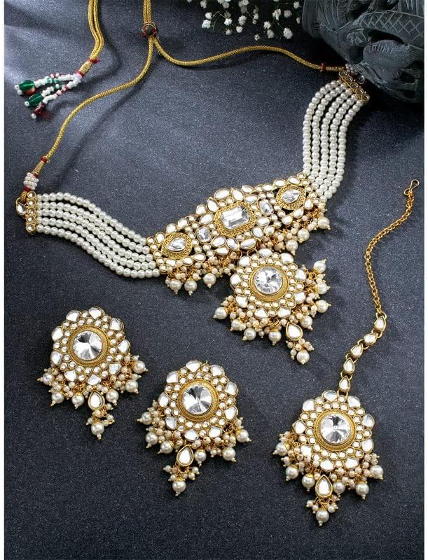 Aheli Traditional Gold Plated Kundan Choker Necklace Dangle Earring & Maang Tikka Ethnic Function Jewelry Set Gift for Women - Image 3