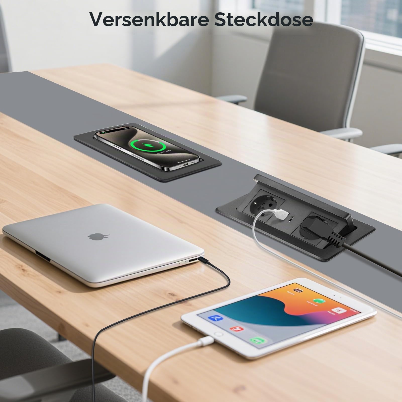 Einbausteckdose Arbeitsplatte mit USB C PD 20W und 15W versenkbare Einbausteckdose mit kabellosem Ladegerät - versenkbare Tischsteckdose - für Arbeitsplatte, Sofatisch, Haus