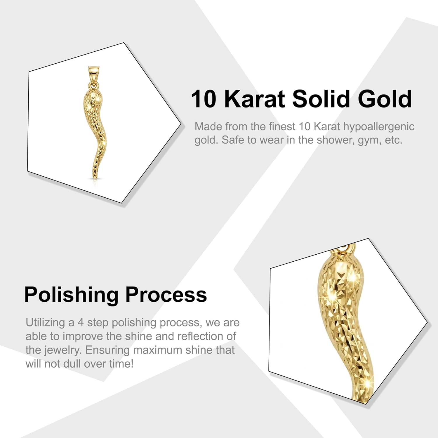 Gold Diamond Cut Italian Horn Pendant - 10 Karat Solid Gold - Dangle Charm - Cornicello Charm Pendant