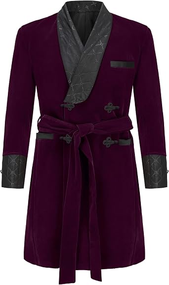 Mens Smoking Robe Long Velvet Blazer Double Breasted Jacket with Belt for Dinner Prom Cosplay