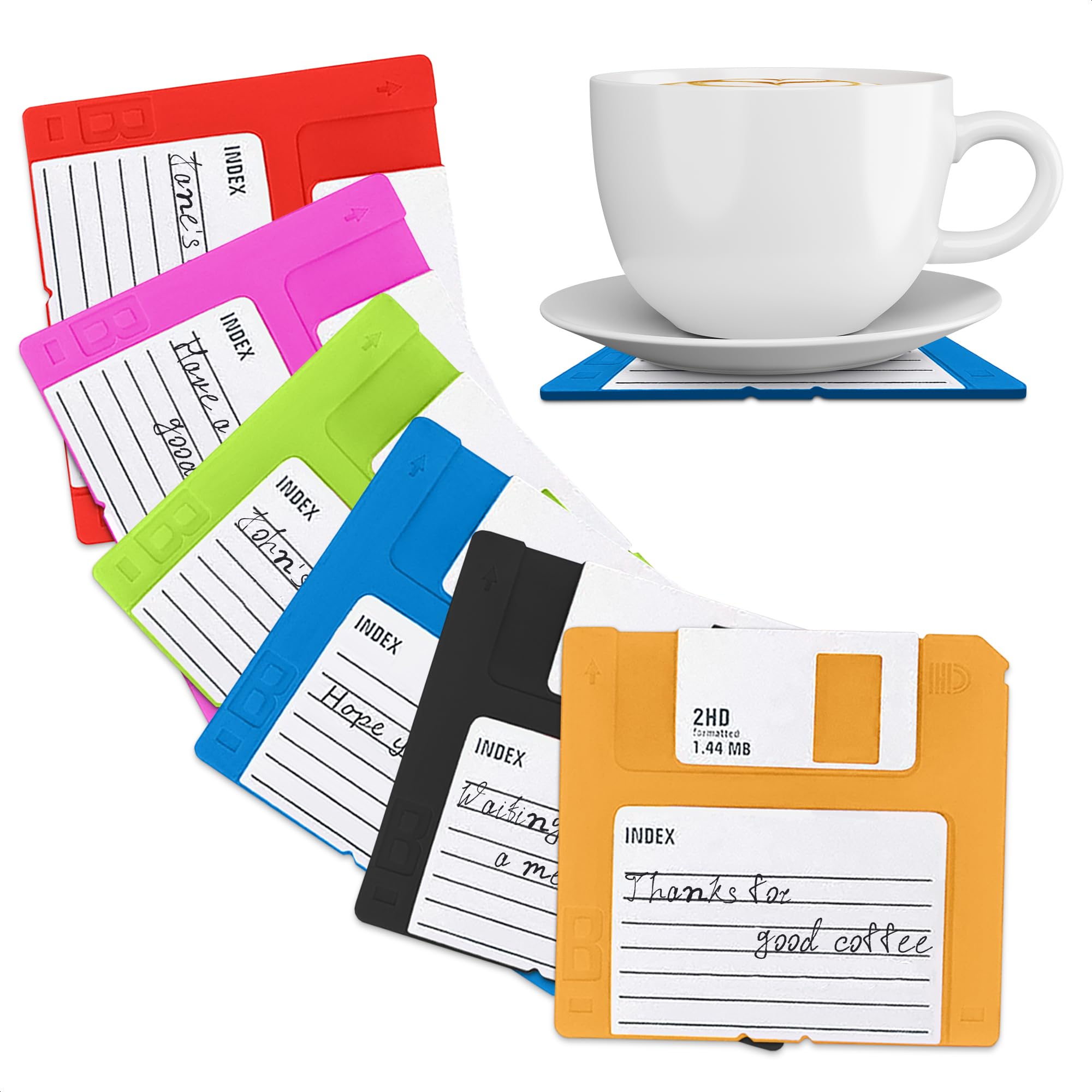 Floppy Disk Coasters Set of 6 – Funny Coasters for Drinks That Protect Surfaces from Hot Drinks – Retro Floppy Disk Design with a 90s Nostalgia Vibe for Home & Office Desk Decor, Gifts for Tech Fans