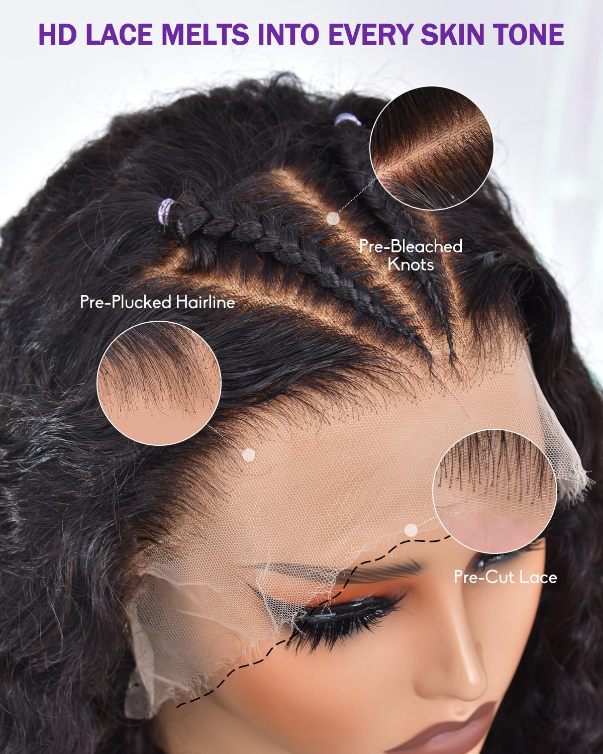 wigcool 9x6 SKINLIKE Real HD Lace Closure Wig, Water Wave 180% Density 0.10mm Ultra-thin Swiss Lace Pre-plucked Bleached Small Knots With Baby Hair Glueless Wigs Human Hair Wigs 22 Inch