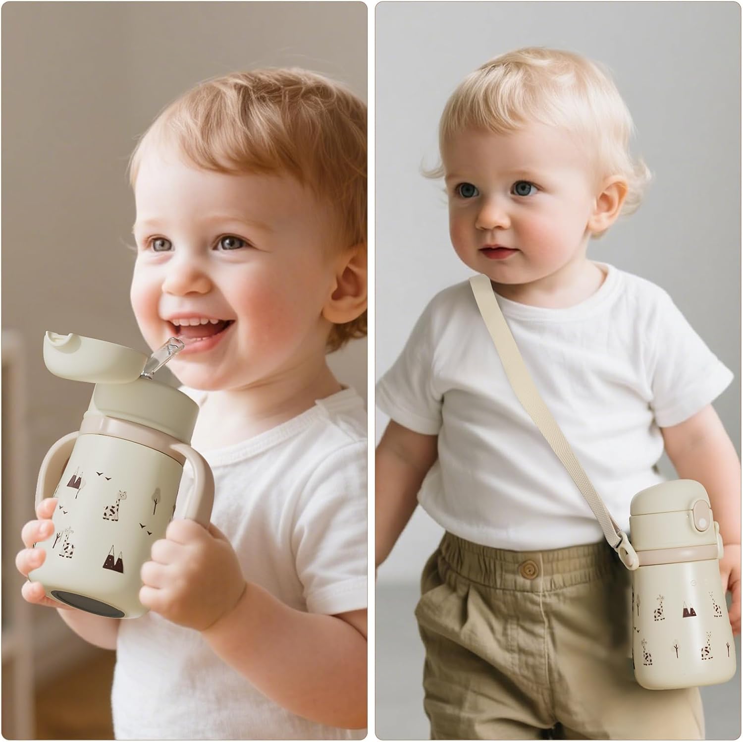 Evorie Leak Proof Vacuum Insulated Water Bottle, 316L Stainless Steel Sippy Cup for Toddlers, 11 oz Straw Cup with Handle & Adjustable Strap, Keeps Drinks Warm or Cold (1Pack, Giraffe) - Image 5