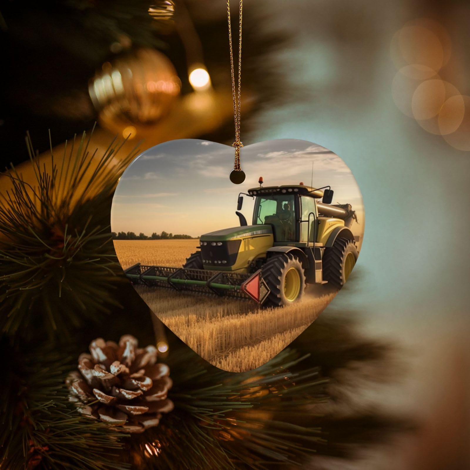 Christmas Ornaments for Christmas Tree Decoration Hanging Farm Tractor Harvest Ornament with Gold Ribbon Crafts Heart Shape Ceramic Pendant for Keepsake Gifts Xmas Decor Party Supplies
