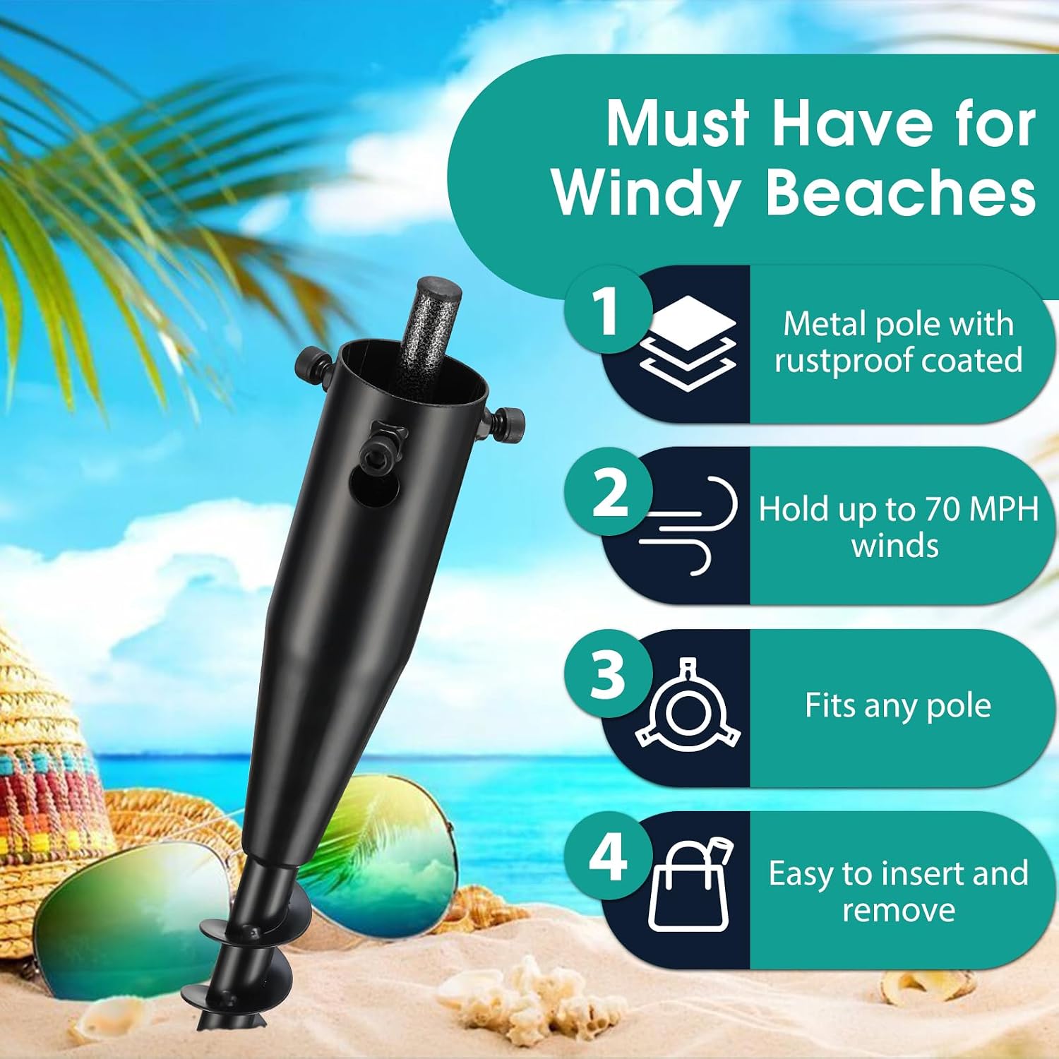 Beach Umbrella Sand Anchor, 2Pack Heavy Duty Metal Sand Grass Anchor Umbrella Holder, Screw in Deep Spiral for Strong Hold in Sand Grass Soft Soil, Rustproof Portable Patio Umbrellas Stands Base