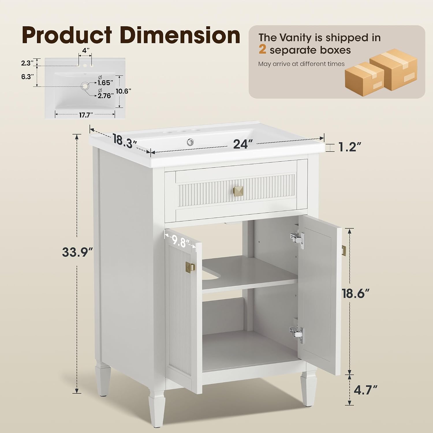 24 Inch Bathroom Vanity with Sink, Solid Wood Bathroom Sink Cabinet with Nano Clean Integrated Sink, Soft Closing 2 Doors & Adjustable Shelf, Easy Assembly, Geat for Small Spaces, White