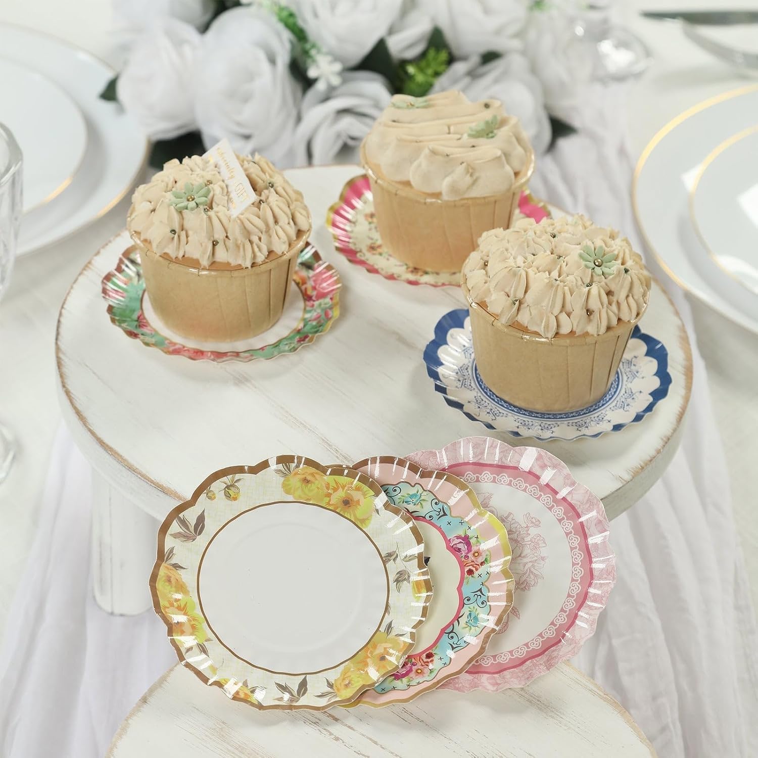Efavormart 48-Pack 3.5" Vintage Floral Print Mini Paper Plates - Scalloped Rim Tasting Plates for Desserts, Appetizers and Dips