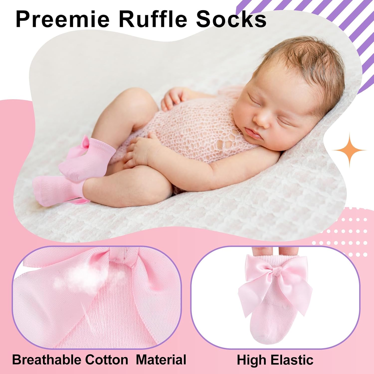 Toulite 12 Pairs Preemie Socks Baby Girls Boys Premature Ruffle Turn Cuff Cotton Sock Hospital NICU for Newborn - Image 5