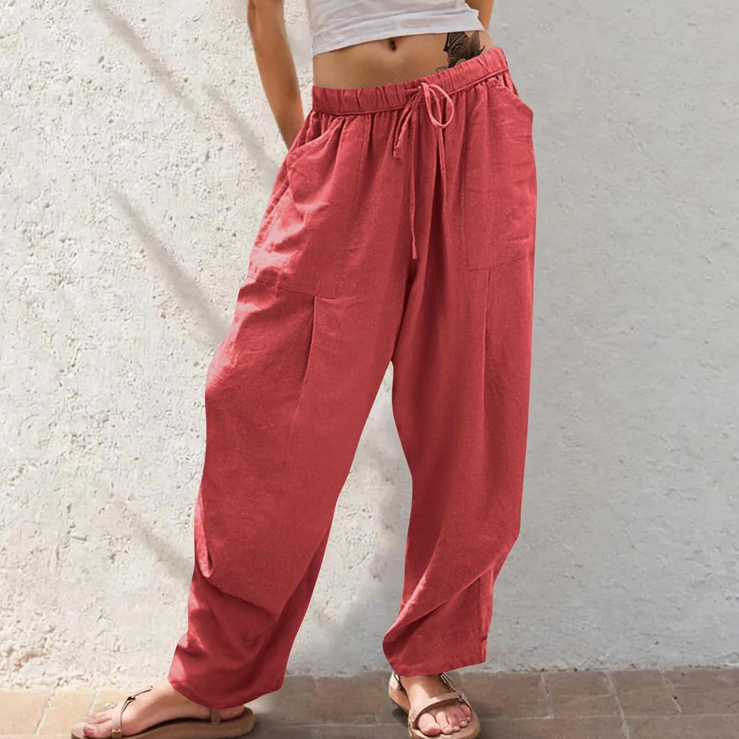 Capris Pants for Women Boho Solid Vintage Business Casual Drawstring Waist Wide Leg Fashionable Sweatpants - Image 2