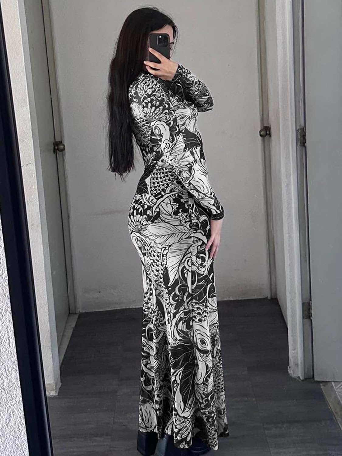 acelyn Women Sexy Mesh Maxi Dress Summer Long Sleeve Printed Ruched Bodycon Long Dress Y2K Formal Wedding Guest Dresses - Image 4