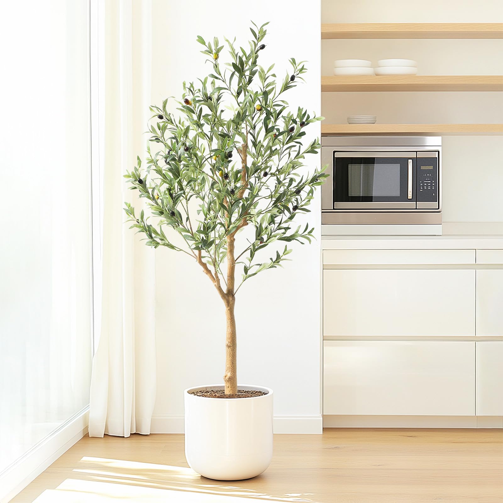 1,8 m kunstmatige olijfboom hoge nep ingemaakte olijfzijden boom met plantenbak grote faux olijftakken en vruchten kunstmatige boom voor moderne thuiskantoor woonkamer vloer decor indoor