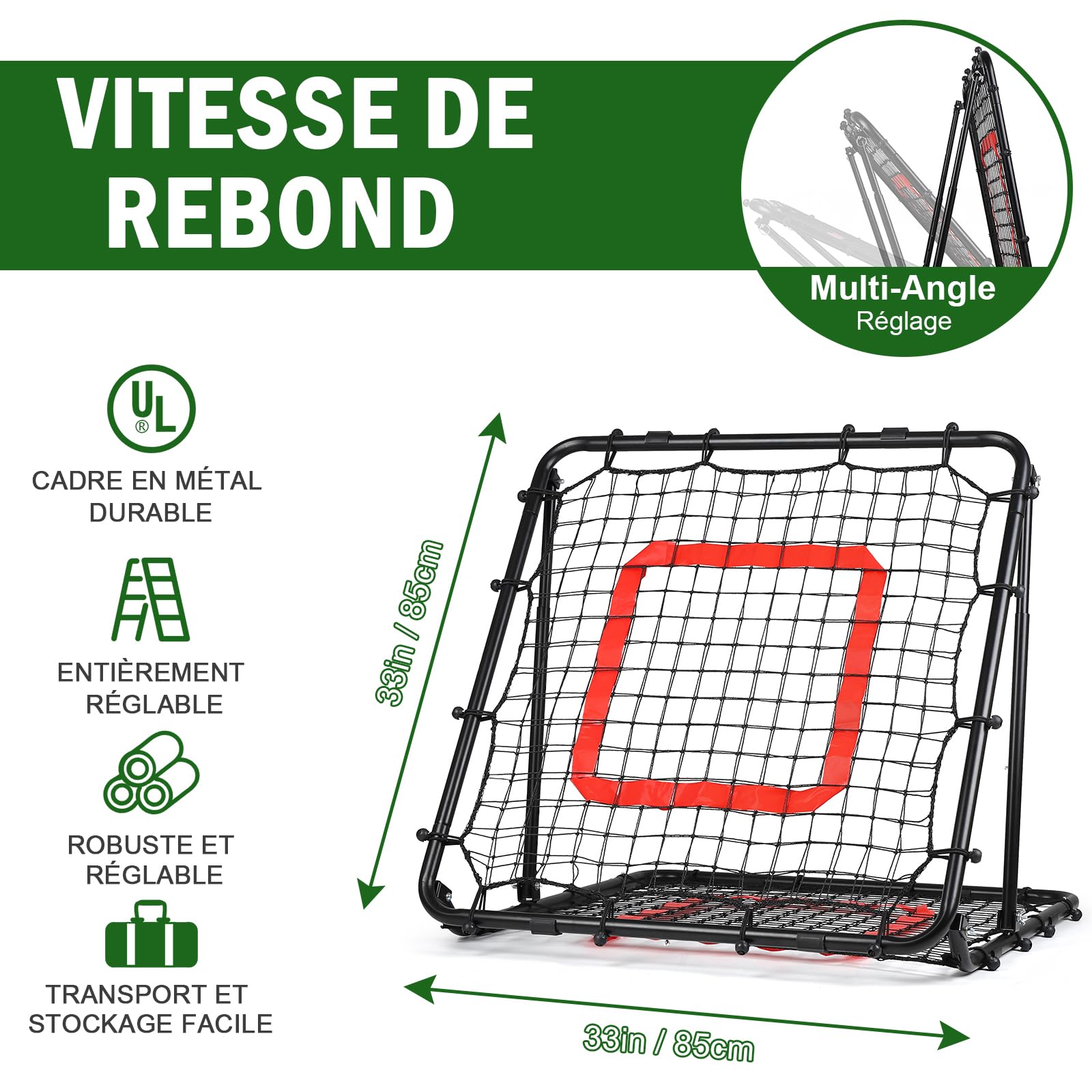 BaseGoal Filet de Rebond Football, Ajustable Angle Réglables Rebondisseur de Football Pliable avec Filet Double Couche, Convient pour Entraînement et Plus Varié Enfants et Adolescents