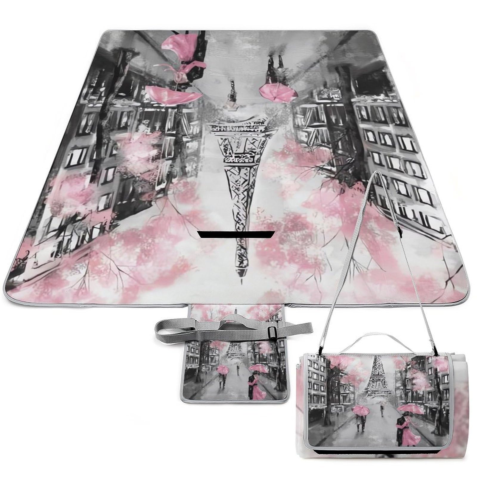 Couverture de pique-nique Paris Tour Eiffel rose 148x148 cm étanche et pliable avec poignée