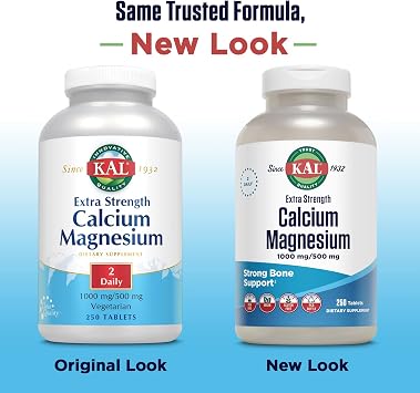 KAL Extra Strength Calcium Magnesium Supplement for Women and Men - with Calcium 1000mg and Magnesium 500mg - Supports Healthy, Strong Bones - Vegan, Gluten Free, Non-GMO - 125 Servings, 250 Tablets