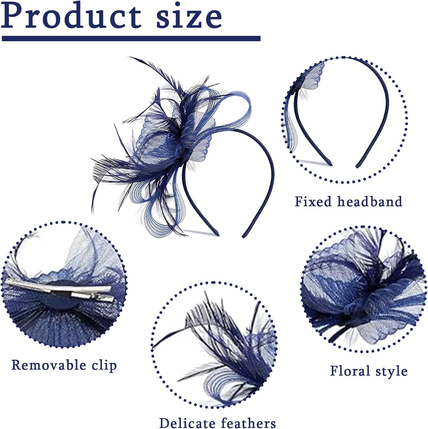 Navy Fascinators for Weddings, Navy Fascinator, Elegant Feather Fascinator & Flower Hair Clip, Navy Blue Fascinators, Mini Top Hat for Bridal Shower Prom Royal Ascot Cocktail Parties(Blue), Blue, one
