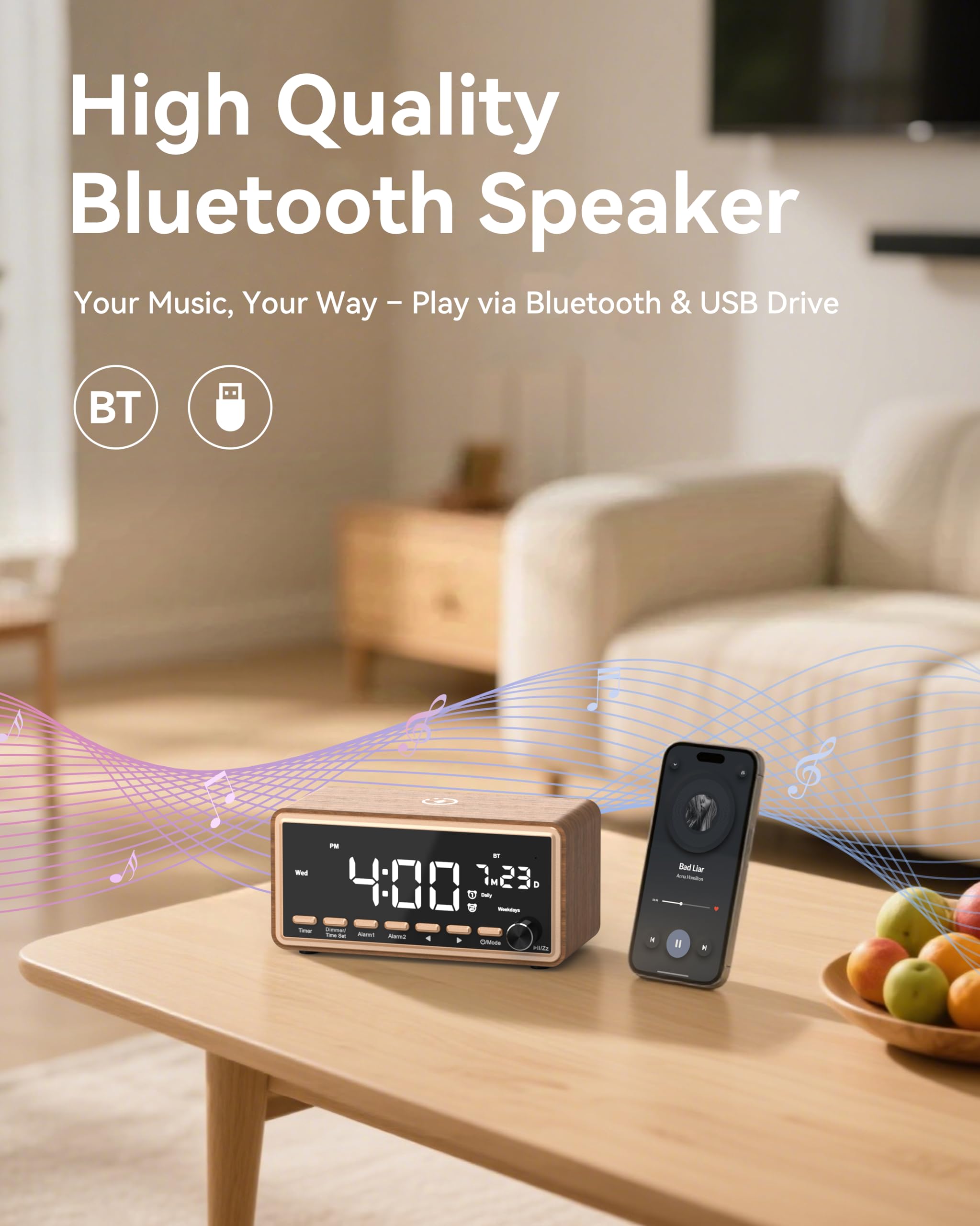 WamGra Radio Réveil Numérique, Chargeur sans Fil, Enceinte Bluetooth FM | Vintage Réveil Matin en Bois, Double Alarme, Machine Bruit Blanc Adulte Bébé, Idée Cadeau Homme Femme Père Anniversaire