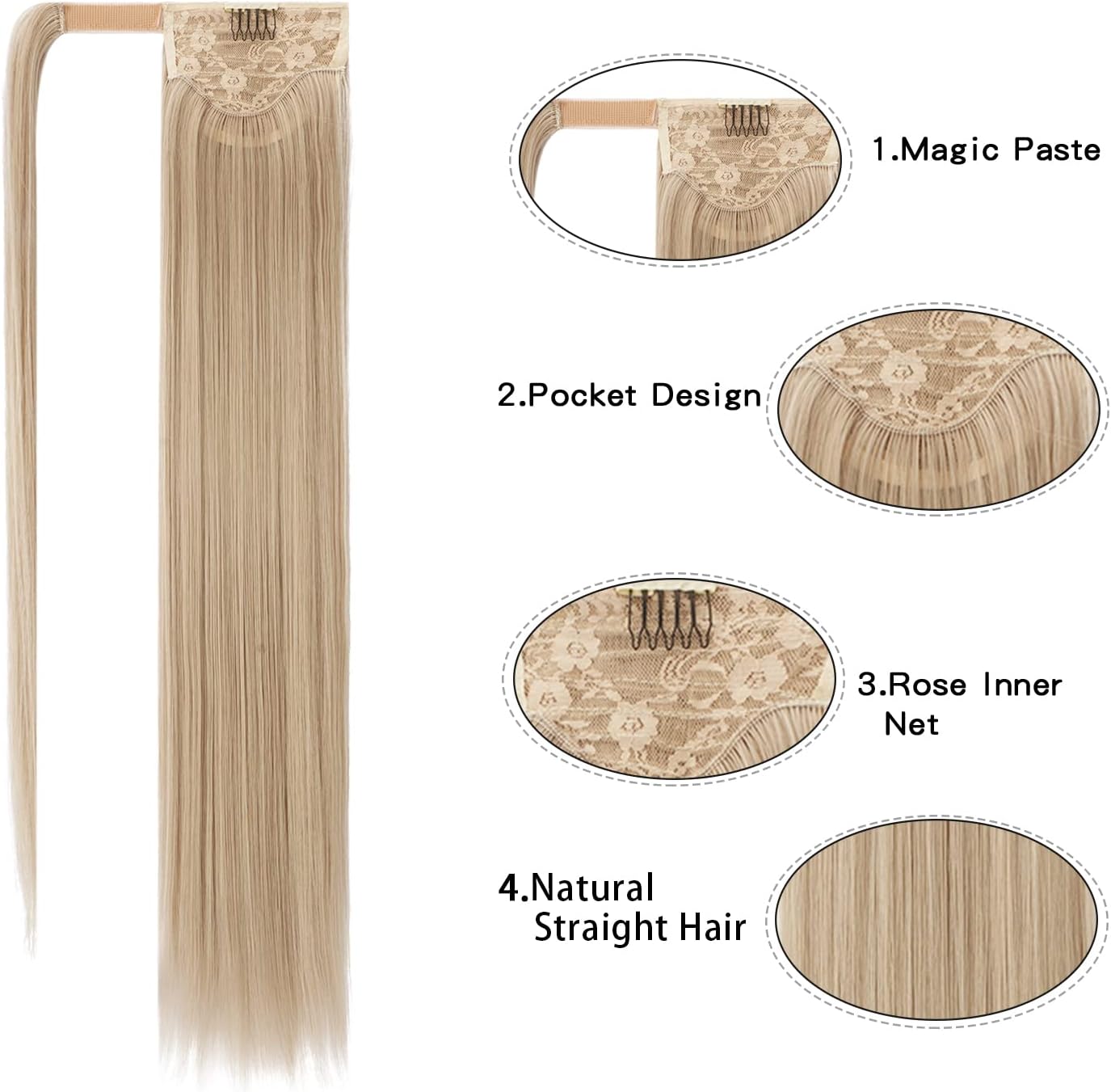 FESHFEN Straight Ponytail Extensions Long Wrap Around Ponytail Synthetic Clip in Pony Tail Hair Extensions Ash Blonde Hairpiece for Women 24 inch - Image 4
