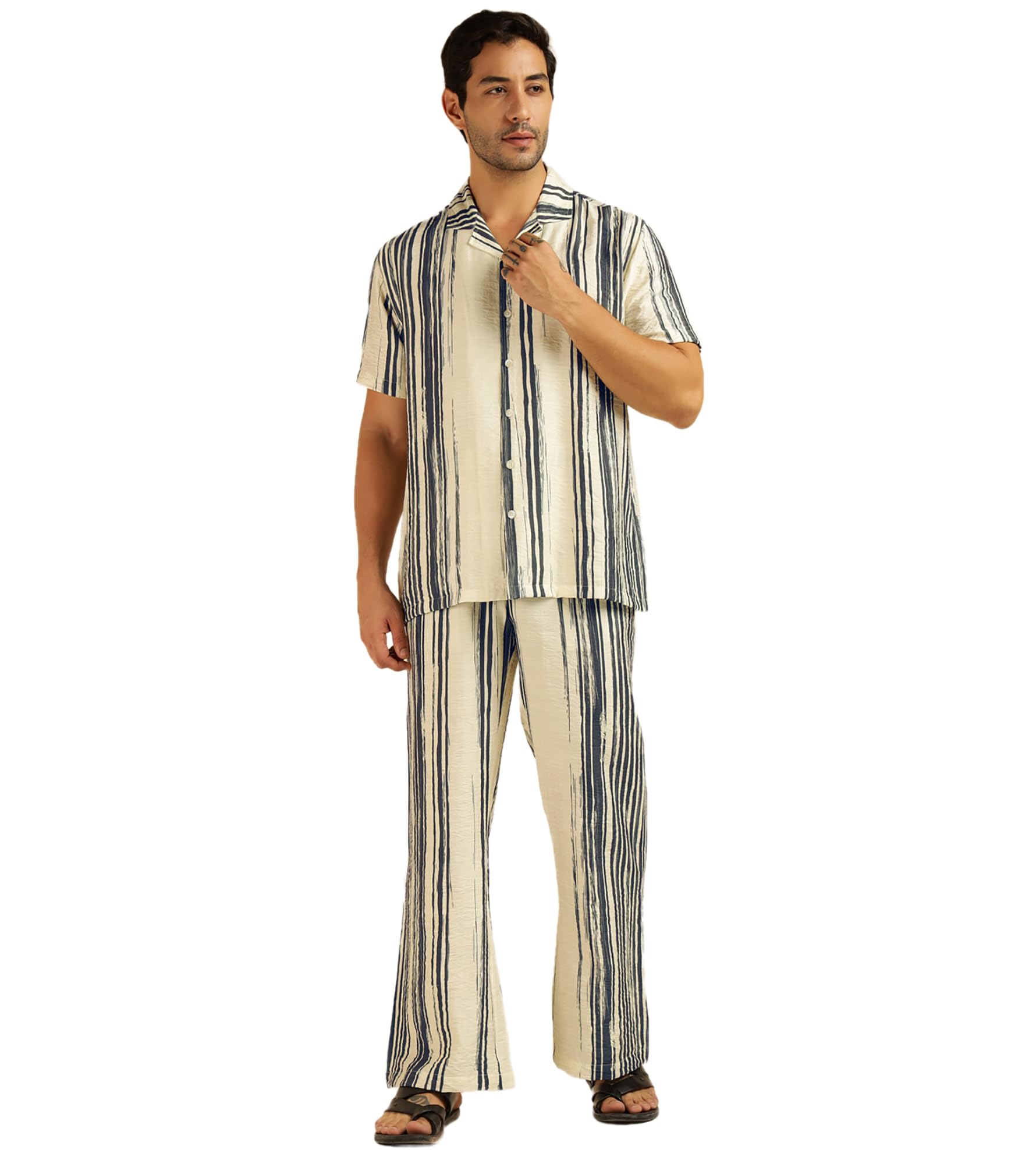 amanush Men's Striped with Solid Pure Cotton Co-Ord Set For Men|2 Piece Sets|Trouser & Shirts Combo|Vacation Dress|Casual|Latest|New (Multicolour)-picture-39